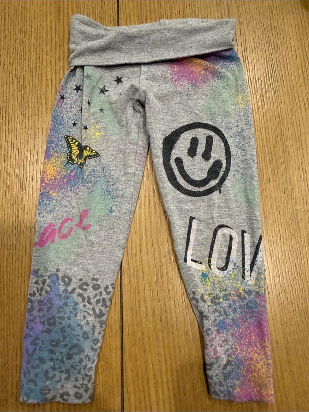 Flowers by Zoe Gray Leggings with Rainbow Splatter, Smiley & Butterfly